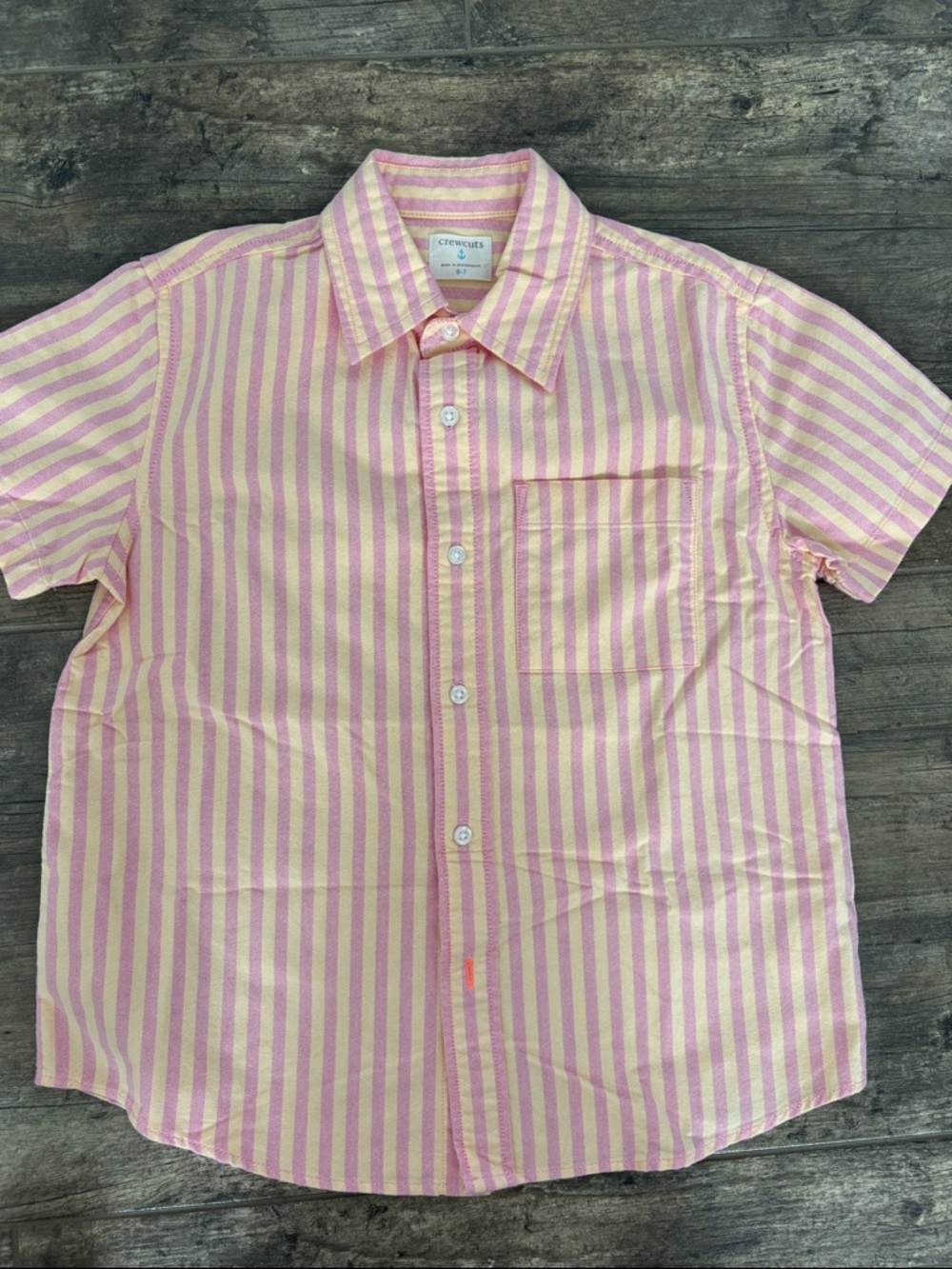 Crewcuts Pink and Cream Vertical Stripe Short-Sleeve Button-Up